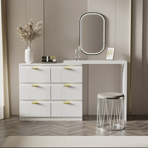 Rootz Dressing Table with Side Table - Vanity Desk - Bedroom Storage - Rotating Top, 6 Drawers, Gold-Plated Handles - 160.2L×40W×76.5Hcm