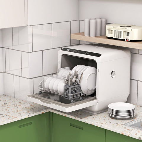 Rootz Small Dishwasher - Compact Kitchen Helper - Table Dishwasher - 6 Programs - Sparkling Clean Dishes - 45W x 44D x 45.8H cm