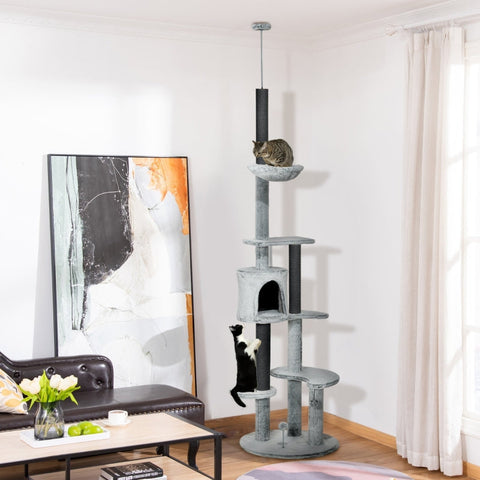 Rootz Cat Tree - Floor to Ceiling Scratching Post - Climbing Tower - Hammock - Cat House - Velvet Cover - Height Adjustable - Gray - Ø60 x 225-255H cm