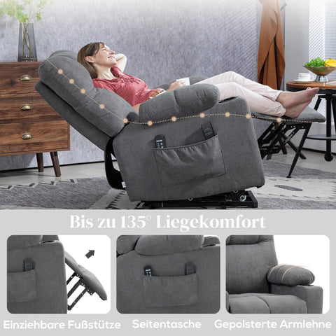 Rootz Electric Riser Recliner Chair - Stand-Up TV Recliner - Massage Points - Footrest - Cup Holders - Gray - 91cm x 95cm x 109cm