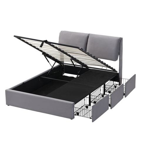 Rootz Upholstered Bed - Velvet Bed - Storage Bed - Hydraulic Storage & 3 Drawers - 210L x 141W x 102H cm - Grey