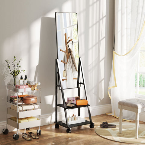 Rootz Rolling Full Length Mirror - Standing Mirror - Mobile Mirror - Two Shelves & Wheels - 42L x 37W x 155H cm - Black