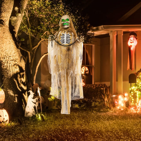 Rootz Animated Halloween Decoration - Hanging Skeleton - Twistable Arms - Touch & Sound Activation - Glowing Head & Chest - 70cm x 18cm x 183cm