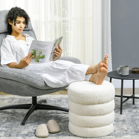 Rootz Ottoman Stool - Footrest - Round Stool - Thick Foam Padding - Skin-Friendly Cover - Cream White - 40cm x 45cm - Steel Frame