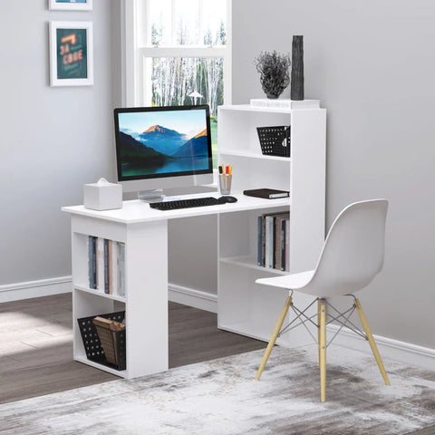 Rootz Desk Office Table - Computer Table - 2 Shelves - Space-saving Design - 5 Shelves - Chipboard - White - 120 Cm X 55 Cm X 120 Cm