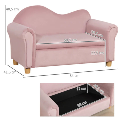 Rootz Children's Sofa - Two-seater For Children - 3-5 Years - Storage Space - Natural Wood Frame - Pink - 84 x 41.5 x 48.5cm