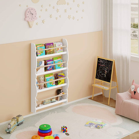Rootz Wall-Mounted Children's Bookcase - Kids' Bookshelf - Nursery Furniture - Safe with Safety Bar, Stable & Secure, Easy Access for Kids - Non-Toxic - 42.5cm x 80cm x 14.5cm & 60cm x 98cm x 14.5cm