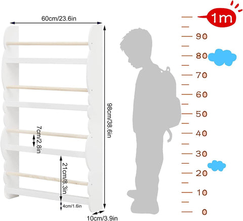 Rootz Wall-Mounted Children's Bookcase - Kids' Bookshelf - Nursery Furniture - Safe with Safety Bar, Stable & Secure, Easy Access for Kids - Non-Toxic - 42.5cm x 80cm x 14.5cm & 60cm x 98cm x 14.5cm