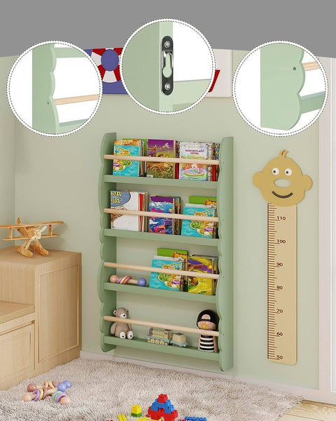 Rootz Wall-Mounted Children's Bookcase - Kids' Bookshelf - Safe, Stylish, Easy Access - Non-Toxic, Secure Bar, Front-Facing Shelves - 98cm x 60cm x 14.5cm