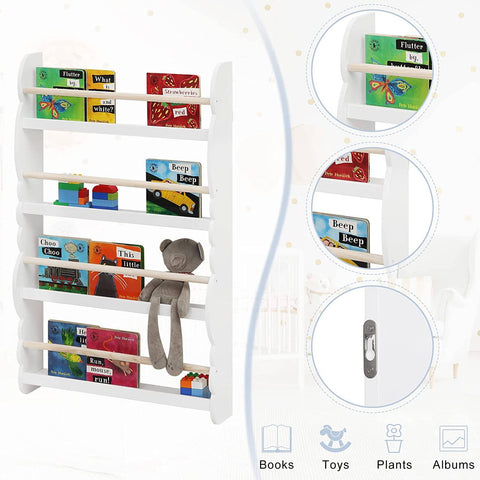 Rootz Wall-Mounted Children's Bookcase - Kids' Bookshelf - Nursery Furniture - Safe with Safety Bar, Stable & Secure, Easy Access for Kids - Non-Toxic - 42.5cm x 80cm x 14.5cm & 60cm x 98cm x 14.5cm