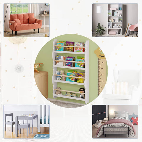 Rootz Wall-Mounted Children's Bookcase - Kids' Bookshelf - Nursery Furniture - Safe with Safety Bar, Stable & Secure, Easy Access for Kids - Non-Toxic - 42.5cm x 80cm x 14.5cm & 60cm x 98cm x 14.5cm