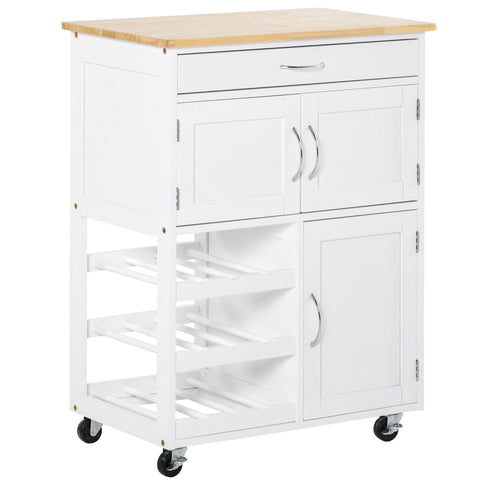 Rootz Kitchen Island - Mobile Kitchen Cart - Rolling Storage Cabinet - Ample Storage - 67cm x 37cm x 87cm - White MDF, Rubberwood Top