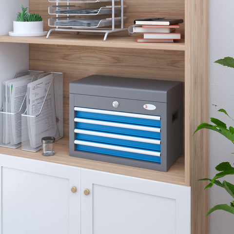Rootz Lockable Metal Tool Box - Tool Storage - Toolbox Organizer - 4 Drawers & Shelf - 45L x 24.5W x 32.5H cm - Secure & Portable