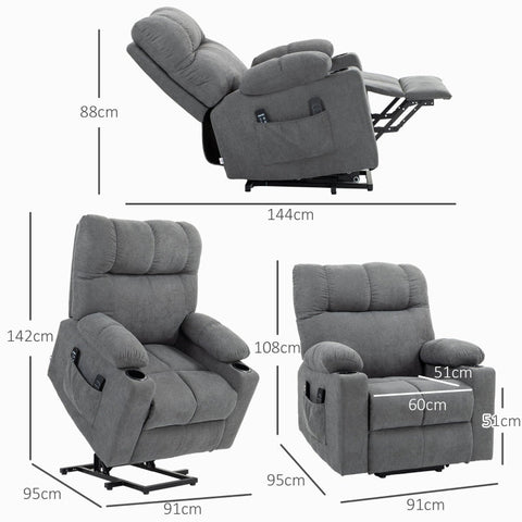 Rootz Electric Riser Recliner Chair - Stand-Up TV Recliner - Massage Points - Footrest - Cup Holders - Gray - 91cm x 95cm x 109cm