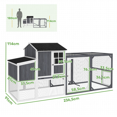 Rootz Chicken Coop with Run - Poultry House - Fir Wood - Secure Nesting Box - 236.5cm x 91cm x 114cm - Ideal for 3-4 Chickens - Grey