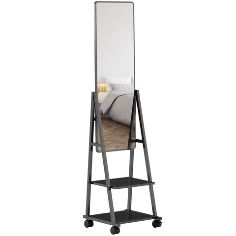 Rootz Rolling Full Length Mirror - Standing Mirror - Mobile Mirror - Two Shelves & Wheels - 42L x 37W x 155H cm - Black