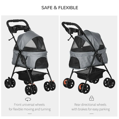 Rootz Dog Stroller - Pet Stroller - Foldable Cat Dog Pushchair - Pet Travel Carriage with 4 Wheels - Adjustable Canopy - Safety Leashes - Storage Basket - Grey - 67 x 45 x 96 cm