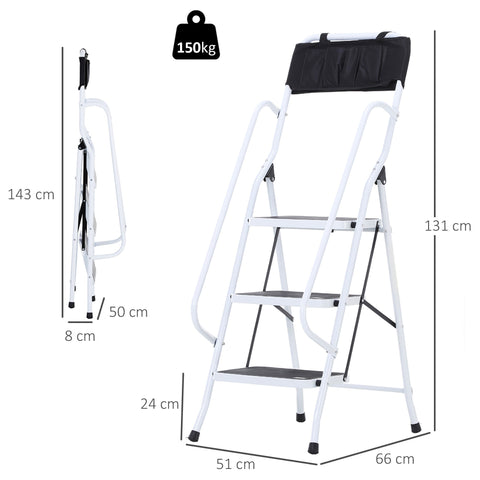 Rootz Folding Steel Stair Ladder - Step Ladder - Multi-Purpose Ladders - Integrated Tool Bag - 51cm x 66cm x 31cm, 150kg Load, 1.31m Height