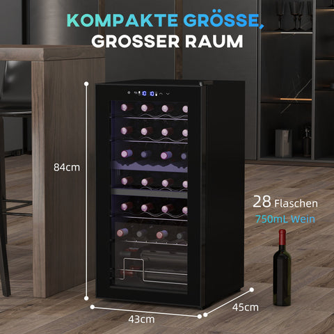 Rootz Small Wine Fridge - Mini Fridge - Bottle Cooler - Dual-Zone - LED Lighting - 43cm x 45cm x 84cm - 74L Capacity for 28 Bottles