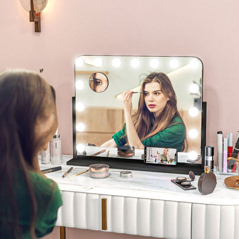Rootz LED Hollywood Makeup Mirror - Cosmetic Vanity Mirror - Table Mirror - 14 LED Lights - Adjustable Brightness - Cell Phone Holder - USB Port - 62.5cm x 49.5cm x 14cm