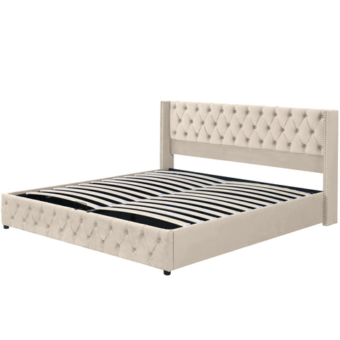 Rootz Upholstered Bed - Hydraulic Storage Bed - Chesterfield Bed - Luxurious Velvet Fabric - 209cm x 170cm x 94.5cm