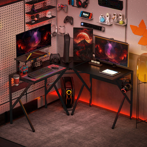 Rootz Gaming Desk - Corner Desk - Gamer Desk - Carbon Fiber Board - 125cm x 125cm x 75cm - Includes Screen Holder & Headphone Hook