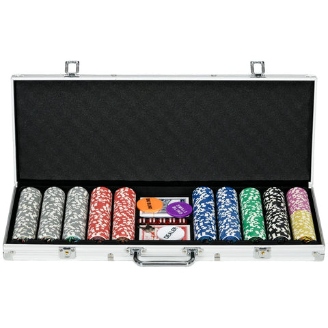 Rootz Casino Accessoires - Chips Poker Set - Chips Poker Chip Case - Inclusief mat - 500 Chips - Set voor 9-10 spelers - Zilver - 56L x 23,5W x 6,5H cm