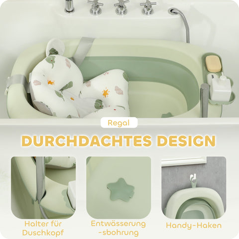 Rootz Foldable Baby Bath Tub - Infant Bath - Toddler Bathtub - Non-Slip Base - 86cm x 53cm x 25.5cm - Green Elephant Cushion