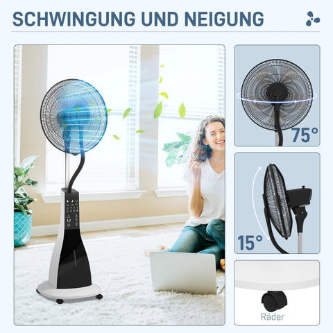 Rootz 2-in-1 Pedestal Fan with Humidification - Quiet Floor Fan - Mobile Cooling Fan - Remote Control - 3 Speeds & Modes - 75° Swivel - 44.5cm x 38.5cm x 120cm - Metal/ABS - Black/White
