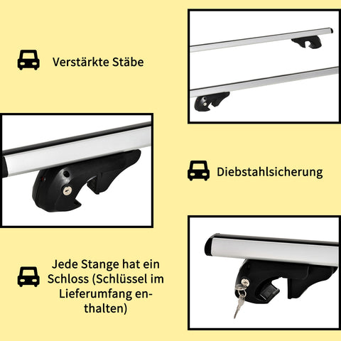 Rootz Lockable Car Carrier Bars - Roof Racks - Cargo Bars - Max 75kg Load - Aluminum - 125cm x 5.5cm x 7cm