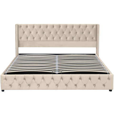 Rootz Upholstered Bed - Hydraulic Storage Bed - Chesterfield Bed - Luxurious Velvet Fabric - 209cm x 170cm x 94.5cm