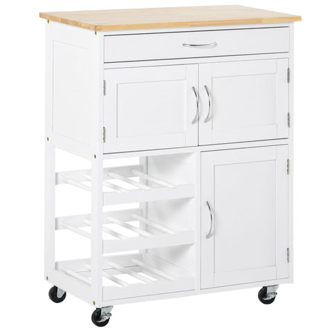 Rootz Kitchen Island - Mobile Kitchen Cart - Rolling Storage Cabinet - Ample Storage - 67cm x 37cm x 87cm - White MDF, Rubberwood Top