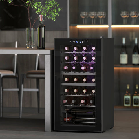 Rootz Small Wine Fridge - Mini Fridge - Bottle Cooler - Dual-Zone - LED Lighting - 43cm x 45cm x 84cm - 74L Capacity for 28 Bottles