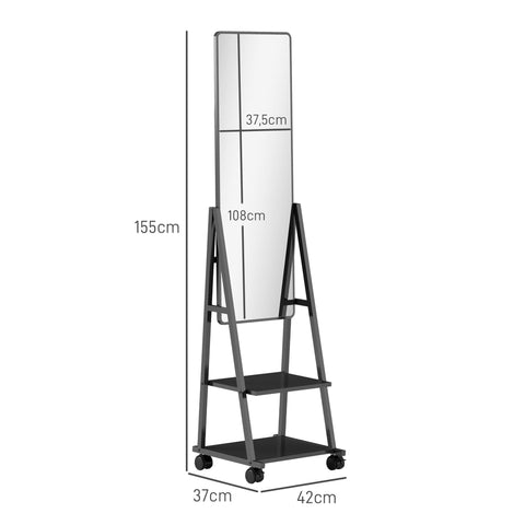 Rootz Rolling Full Length Mirror - Standing Mirror - Mobile Mirror - Two Shelves & Wheels - 42L x 37W x 155H cm - Black