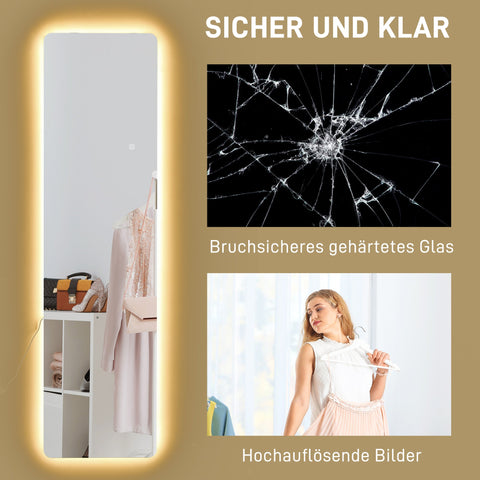 Rootz LED Full-Length Mirror - Dressing Mirror - Standing Mirror - Dimmable - Touch Control - 40 x 150 cm - Frameless Design - Optimal Illumination
