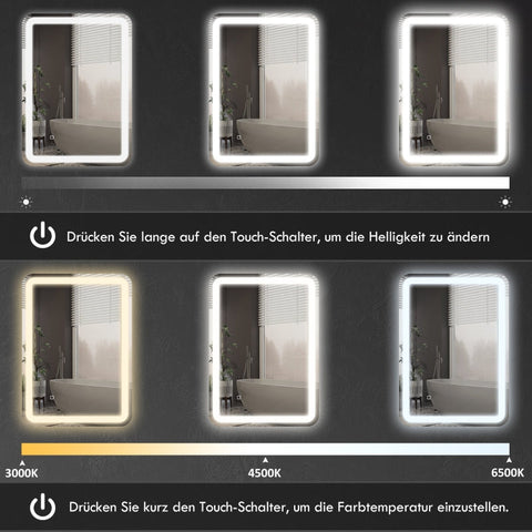 Rootz Bathroom Mirror - LED Vanity Mirror - Touch Switch - Adjustable Lighting - Anti-Fog - Memory Function - Wall Mounted - 50cm x 4cm x 70cm