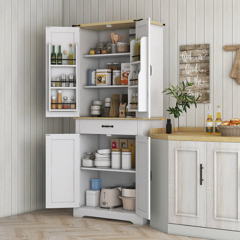 Rootz Kitchen Cabinet Buffet - Storage Unit - Modern Organizer - Adjustable Shelves - 76.5 x 40 x 181 cm White