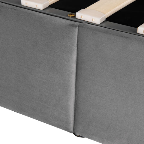 Rootz Upholstered Bed - Velvet Bed Frame - Height Adjustable Headboard - Hydraulic Storage - 223cm x 149cm x 91.5-96.5cm - Gray