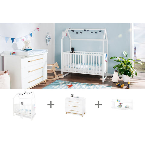 Rootz Nursery Starter Set - Kids Bedroom Furniture Set - Child Room Set - High Quality Conversion - Bed 147x82x175cm, Unit 115x78x105cm, Shelf 100x18x40cm
