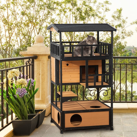 Rootz Outdoor Cat House - Weather Resistant Cat Shelter - Durable Multi-Level Cat Condo - 75.5cm x 75cm x 137cm - Fir Wood & Asphalt Roof - Yellow