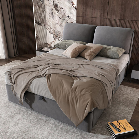 Rootz Upholstered Bed - Velvet Bed - Storage Bed - Hydraulic Storage & 3 Drawers - 210L x 141W x 102H cm - Grey