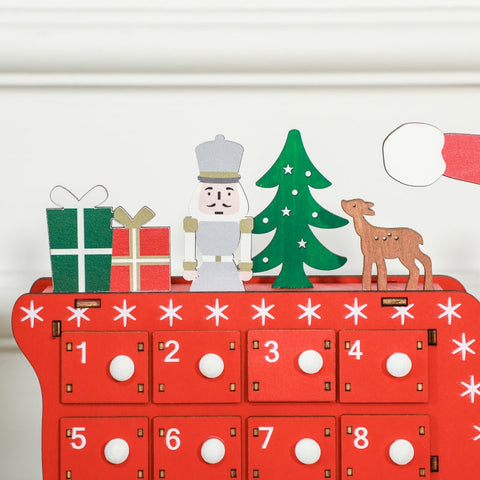 Rootz Santa Sleigh Advent Calendar - Christmas Countdown - Desk or Mantel Decor - 24 Compartments - Reusable - Red - 22.5cm x 8cm x 36cm