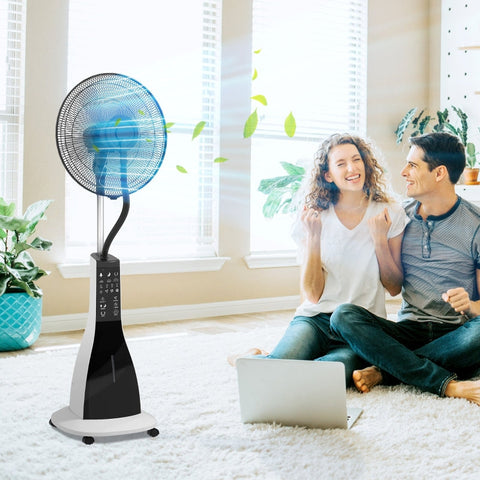 Rootz 2-in-1 Pedestal Fan with Humidification - Quiet Floor Fan - Mobile Cooling Fan - Remote Control - 3 Speeds & Modes - 75° Swivel - 44.5cm x 38.5cm x 120cm - Metal/ABS - Black/White