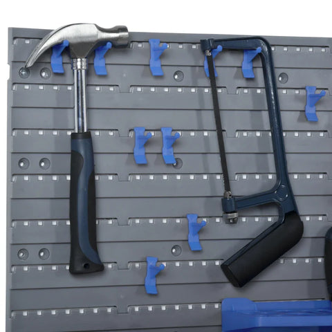 Rootz Tool Rack Organizer - Wall Mounted - Storage Bins - Panel Set with Shelf - Stacking Containers - Hook Screws - Blue - 54 x 22 x 95 cm