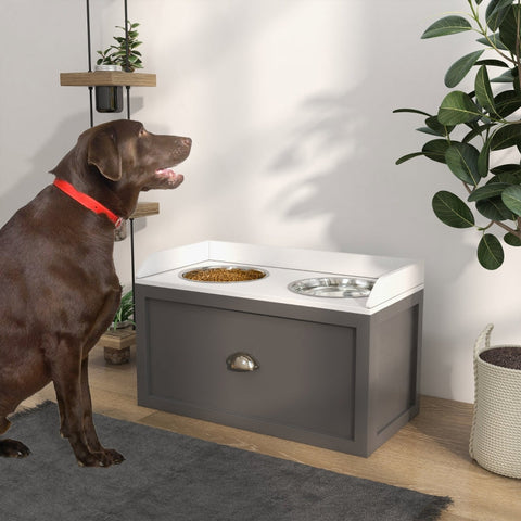 Rootz Raised Dog Feeding Station - Elevated Pet Bowl - Large Dog Bowl Stand - Space-Saving Drawer - 60cm x 30cm x 36cm