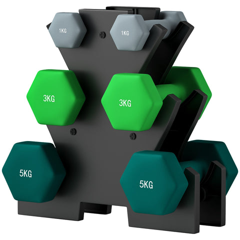 Rootz Dumbbell Set with Rack - Fitness Weights - Training Dumbbells - Anti-Roll Design - 34W x 10D x 34H cm