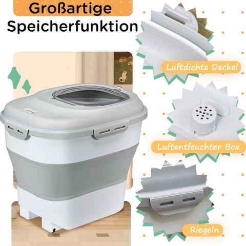 Rootz Dog Food Container - Pet Food Holder - Airtight Seal - 25L/5L - Foldable Design - Wheels - Desiccant - 44cm x 32cm x 37cm