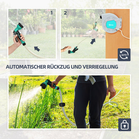Rootz Garden Hose Holder - Wall Hose Reel - Water Hose Drum - 7 Spray Patterns - 180° Rotatable - 55cm x 20cm x 42cm