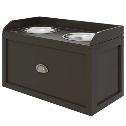 Rootz Feeding Station - Raised Feeding Bowls - 2 Feeding Bowls - 2 Stainless Steel Bowls - 1 Storage Space - Brown - 60 x 30 x 36 cm