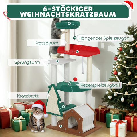 Rootz 135 cm Cat Scratching Post - Christmas Cat Tree - Play Tower - 6 Levels of Fun - 60L x 45W x 135H cm